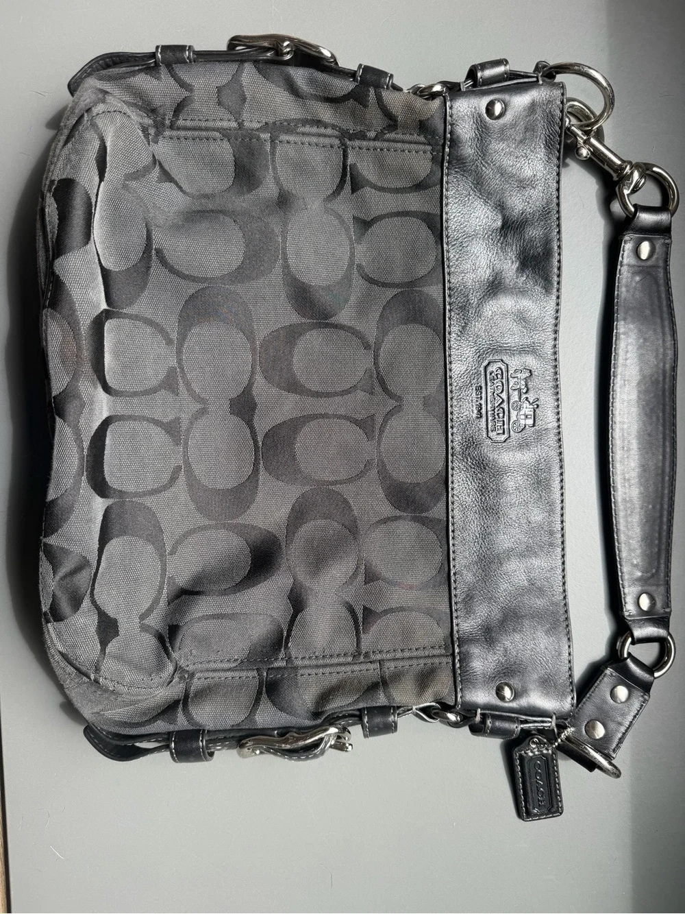 Coach Black Signature Jacquard Shoulder Bag with Leather Trim